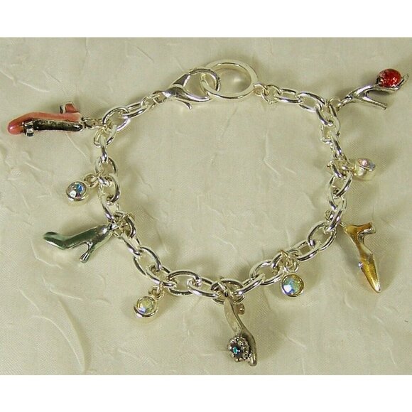 Charm Bracelet Shoe Charms High Heels Rhinestones Silver Tone 8" - Picture 1 of 4